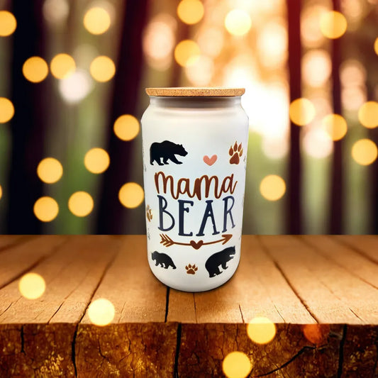 Unique Mama Bear Glass Tumbler with Straw – Perfect Gift for Moms
