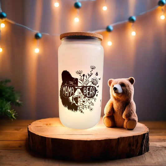 Unique Mama Bear Glass Tumbler with Straw – Perfect Gift for Moms
